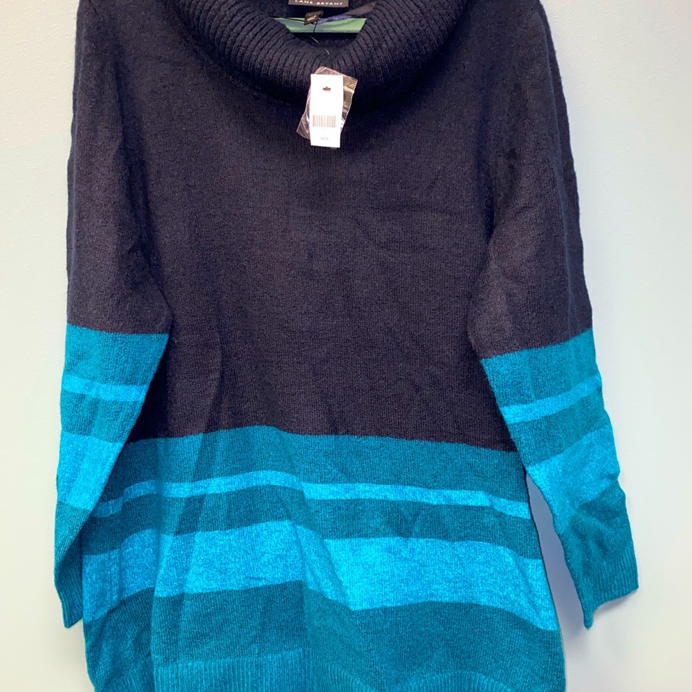 NWT Lane Bryant Blue Stripes Sweater Women Long Sleeve Cowl Neck Plus Size 14/16